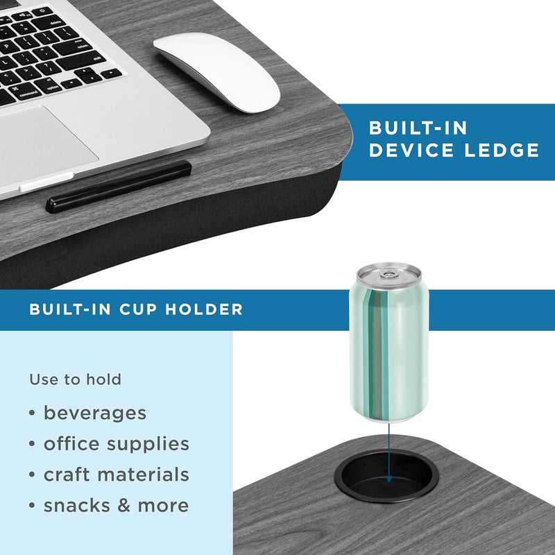 LapGear Cup Holder Lap Desk with Device Ledge - Gray Woodgrain - Fits up to 14 Inch Laptops - Style No. 46325 - Image 4